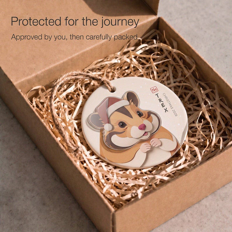 Personalized hamster Christmas ornament protected inside a kraft box with paper filling, ready for careful shipping after design approval.
