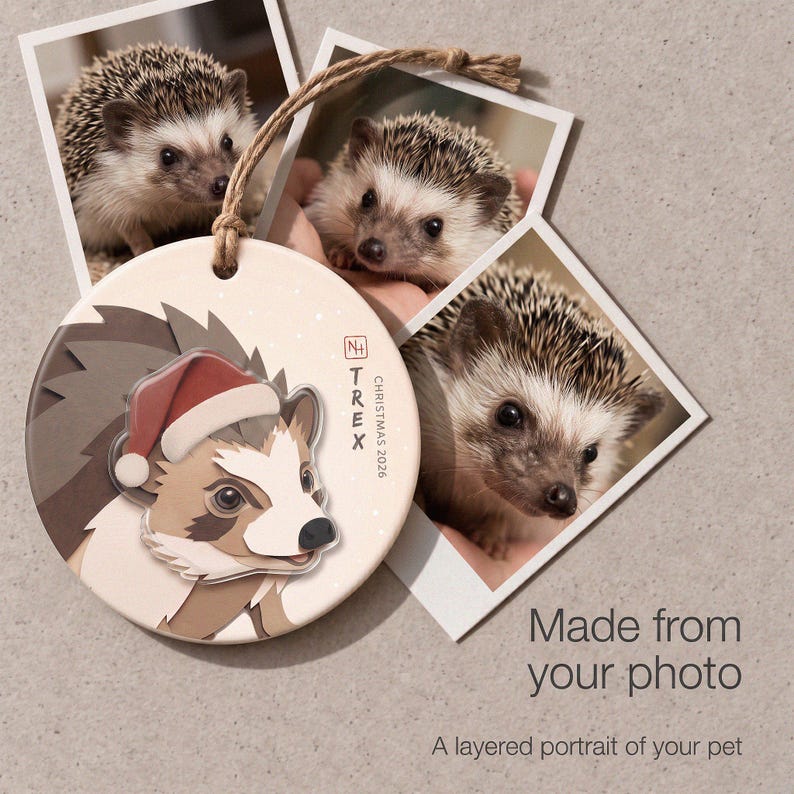 Custom hedgehog ornament beside the original pet photographs, showing how the customer reference photo becomes a layered portrait.