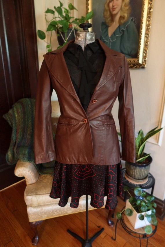 Like New, Quality, Fitted 70's Women's Leather Blazer Jacket - Chocolate Brown