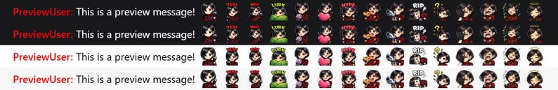 May include: A collection of cartoon character emojis with various expressions and accessories. The text "PreviewUser: This is a preview message!" appears in red above the emojis. The background alternates between black and white.