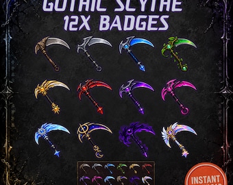 Insignias de Twitch con guadaña gótica, juego de 12 insignias