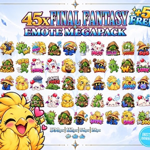 Może przedstawiać: Cyfrowa kolekcja 50 emotikonów z motywem Final Fantasy, przedstawiająca postacie takie jak Chocobo, Cactuar i Moogle w kolorowych stylach kreskówkowych. Tekst zawiera 45x FINAL FANTASY EMOTE MEGAPACK +5 FREE, INSTANT DOWNLOAD oraz 500px 112px 56px 28px.