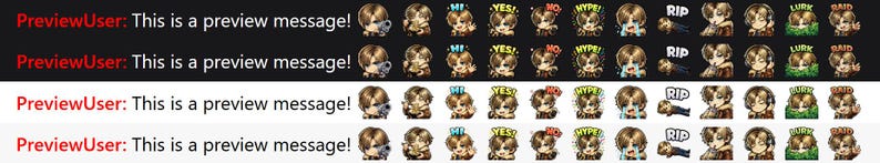 May include: A collection of animated character emojis with various expressions and text bubbles. The text "PreviewUser: This is a preview message!" appears in red. Emojis include "Hi", "Yes", "No", and "RIP".