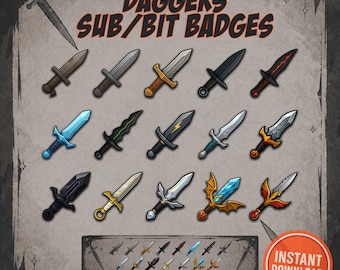 Fantasy Dagger Sub Badges Paket - 15 Twitch Sub / Bit Badges, RPG Messer Icons, Dark Gaming Badges 500px 72px 36px 18px