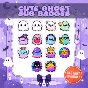 Könnte beinhalten: Ein digitales Grafikdesign mit einer Sammlung von niedlichen Geister-Sub-Badges in verschiedenen Farben und Designs. Die Badges zeigen Geister mit Hüten, Herzen, Kopfhörern und Kronen. Der Text "CUTE GHOST SUB BADGES" steht oben.