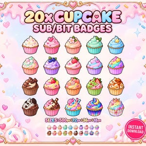 Puede incluir: Una colección digital de 20 insignias de cupcake para suscriptores y bits con diseños coloridos que incluyen frutas, corazones y chispas. El texto 20x CUPCAKE SUB/BIT BADGES aparece arriba, con SIZES: 500px, 72px, 36px, 18px debajo.