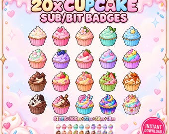Insignias de cupcakes para suscriptores y bits de Twitch, 20 diseños de postres kawaii