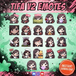 May include: A collection of twenty-two digital chibi-style emotes featuring a character with long dark hair, each displaying different expressions and actions with text overlays like YES, NO, LURK, RIP, HI, GG, and WTF, set against a green background.