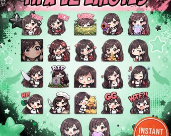 Emotes de Tifa para Twitch V2 / 22 Emotes de juegos adorables / Paquete de emoticonos kawaii inspirados en FF7 / Emotes PNG de 500 px para streamers de Twitch y Discord
