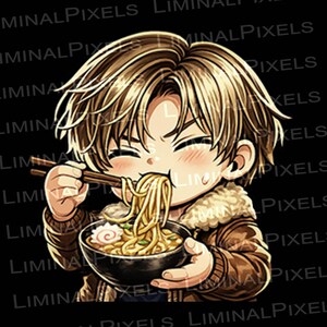 May include: An anime-style illustration of a person enjoying ramen. The character has light brown hair and is wearing a brown jacket. They are holding chopsticks and a bowl of noodles, with a happy expression. The background is black.