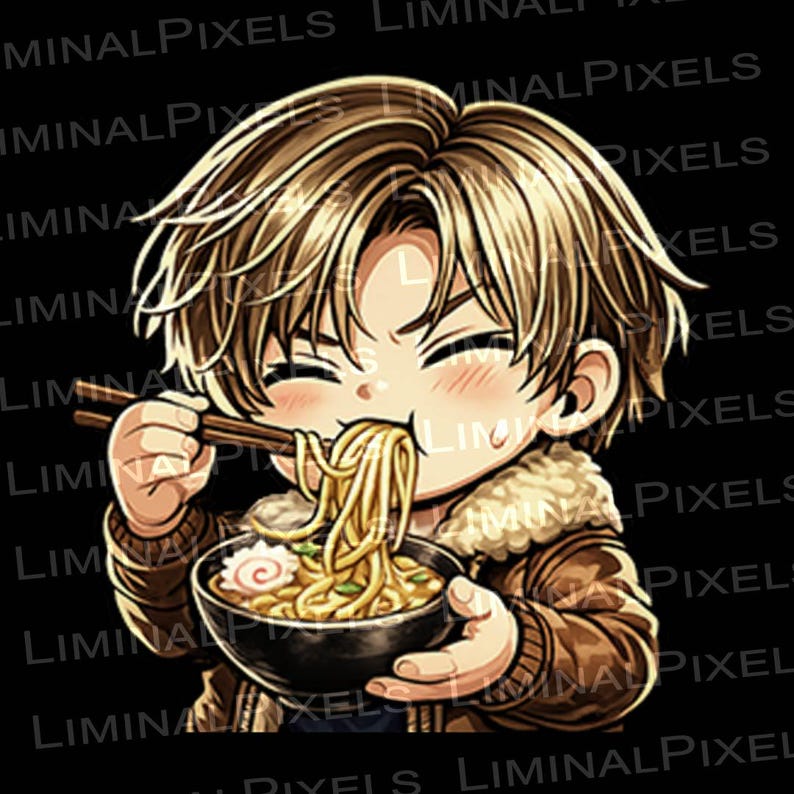 May include: An anime-style illustration of a person enjoying ramen. The character has light brown hair and is wearing a brown jacket. They are holding chopsticks and a bowl of noodles, with a happy expression. The background is black.