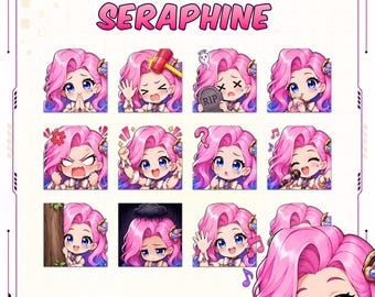Emotes de Seraphine para Twitch (12 unidades) / Paquete de PNG chibi lindos de LoL / Recursos para transmisiones de Discord / Descarga instantánea