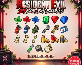 21 Resident Evil Twitch Sub & Bit Badges, Horror Gaming Icons, 500px PNGs