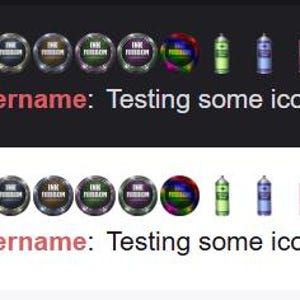 May include: A collection of colorful digital icons, including keys, coins, shields, and spray paint cans, arranged in a horizontal row. The text "Username: Testing some icons" is displayed below the icons.