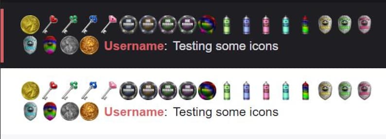 May include: A collection of colorful digital icons, including keys, coins, shields, and spray paint cans, arranged in a horizontal row. The text "Username: Testing some icons" is displayed below the icons.