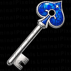 May include: A decorative key with a spade-shaped head. The head is blue with a cracked glass effect and a small white star. The key's handle and the spade outline are silver.