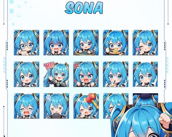 Emotes de Sona para Twitch (16 unidades) / Paquete de PNG de LoL Cute Chibi / Recursos para transmisiones de Discord / Descarga instantánea