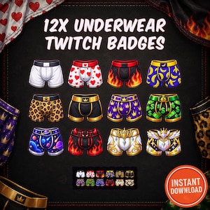 Może przedstawiać: Kolekcja 12 cyfrowych odznak Twitch w kształcie bielizny z różnymi wzorami, takimi jak serca, płomienie, banany, panterka, korony, banknoty, kosmos i rogi, z napisem 12X UNDERWEAR TWITCH BADGES oraz INSTANT DOWNLOAD.