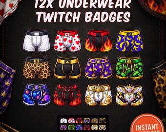 Insignias divertidas de ropa interior para suscriptores de Twitch, juego de 12 insignias de bóxer.