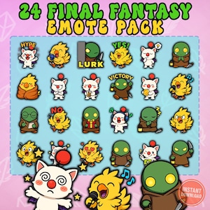 Puede incluir: Un paquete gráfico de descarga digital con 24 emoticonos temáticos de Final Fantasy. Los emoticonos incluyen varios personajes y expresiones, como un gato blanco con un pompón rojo, un pollito amarillo y un personaje verde. El texto incluye "HYPE", "LURK", "YES!" y "VICTORY".