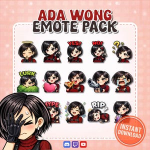 Może przedstawiać: Cyfrowy pakiet graficzny do pobrania z emotikonami Ada Wong. Emotikony prezentują różne wyrażenia i działania, w tym "YES!", "NO!" i "RIP". Pakiet zawiera odznakę "Natychmiastowe pobieranie" i ikony mediów społecznościowych.