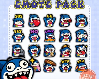 Jeff Shark Emotes Pack 20 Cute Twitch PNG Blue Shark Emote Bundle