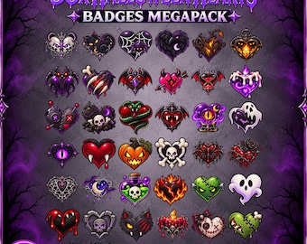 36 insignias de corazón de Halloween, insignias góticas de Twitch Kick Sub, iconos de transmisión espeluznantes, YouTube y Discord