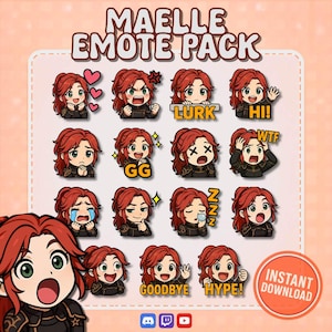 May include: A digital art pack titled "MAELLE EMOTE PACK" featuring a red-haired anime-style character in various expressions. Emotes include "LURK," "HI!," "WTF," "GG," "GOODBYE," and "HYPE!" with hearts, stars, and other symbols. Instant download available.