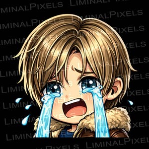 May include: A digital illustration of a crying anime-style character with blonde hair and blue eyes. The character is shedding large tears, with an open mouth. The image has a black background and the text "LIMINAL PIXELS" is visible.
