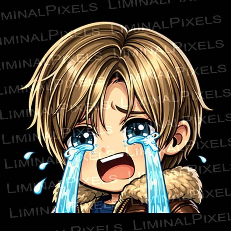 May include: A digital illustration of a crying anime-style character with blonde hair and blue eyes. The character is shedding large tears, with an open mouth. The image has a black background and the text "LIMINAL PIXELS" is visible.