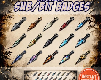 Insignias Kunai de Twitch / Insignias de suscriptor Ninja de fantasía / Paquete de insignias de juegos Bit para Twitch y Discord / Descarga instantánea PNG