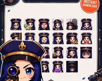 20 Emotes de Caitlyn adorables / Paquete de emotes de League of Legends y Arcane / Emotes de Twitch y Discord / PNG de Chibi Gaming / Descarga digital