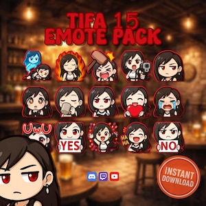 May include: A digital art pack titled "TIFA 15 EMOTE PACK" featuring various cartoon emotes of a character with black hair and red eyes. The emotes display different expressions and actions, including holding a gun, crying, and holding a heart. A red circle with "INSTANT DOWNLOAD" is also present.