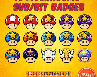 15 insignias de Twitch con forma de seta / Recursos para transmisiones / Iconos de Discord / Descarga digital PNG