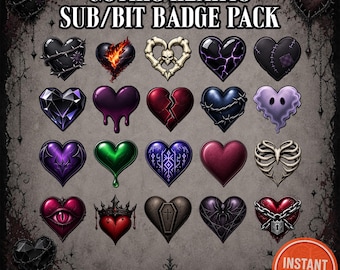 Insignias de suscriptor de Twitch Corazones Góticos – Paquete de 20 insignias de corazón, insignias de bits, emoticonos oscuros, insignias de Discord, descarga instantánea