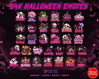 Emotes de Halloween para Twitch, paquete de 64 emotes chibi de terror rosa para chicas.