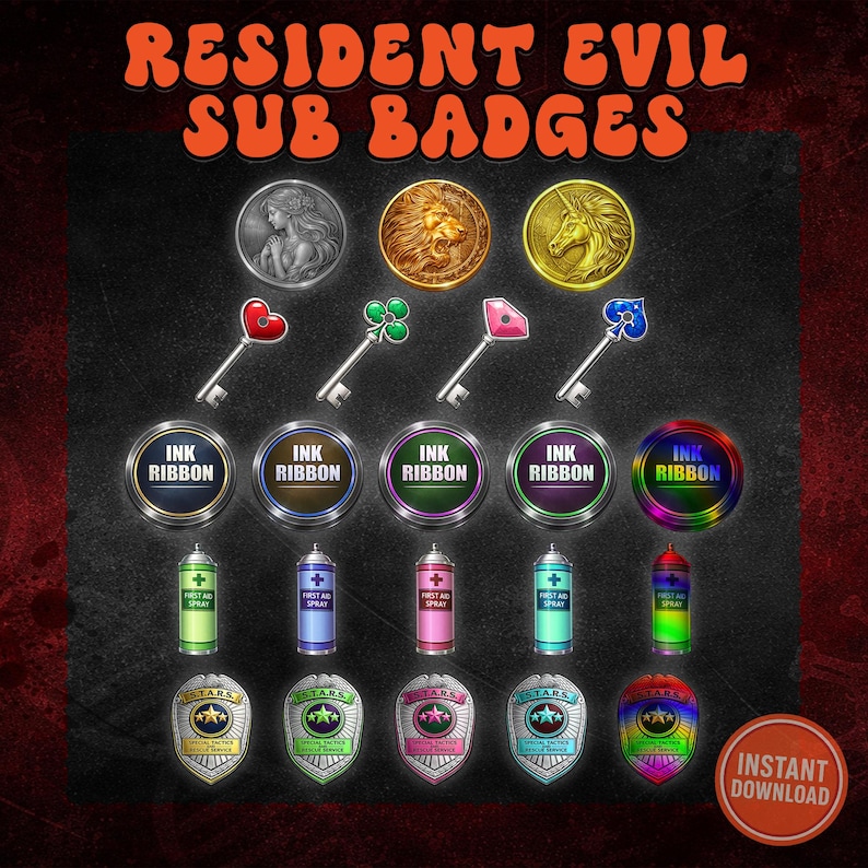 May include: A collection of Resident Evil sub badges, including coins with a woman, lion, and unicorn, keys, ink ribbons, first aid sprays, and STARS badges. The text "RESIDENT EVIL SUB BADGES" is at the top.