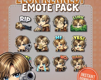 Resident Evil 4 Leon Kennedy Emotes – 12 Pack Twitch Discord YouTube Emotes – RE4 Stream Emote PNG Bundle Instant Download