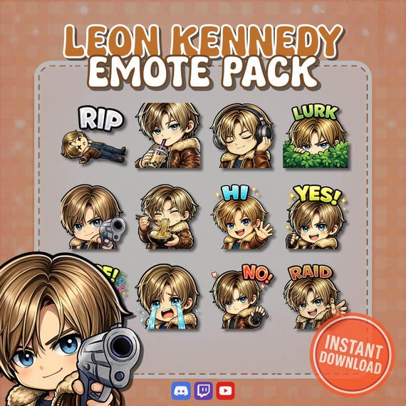 Resident Evil 4 Leon Kennedy Emotes – 12 Pack Twitch Discord YouTube Emotes – RE4 Stream Emote PNG Bundle Instant Download