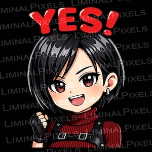 May include: Anime-style illustration of a smiling character with black hair and brown eyes, wearing a red turtleneck and black vest. The word "YES!" is written in red above the character's head against a black background.