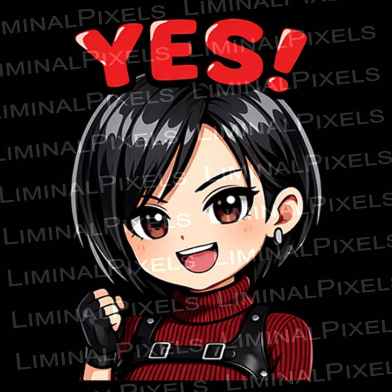 May include: Anime-style illustration of a smiling character with black hair and brown eyes, wearing a red turtleneck and black vest. The word "YES!" is written in red above the character's head against a black background.