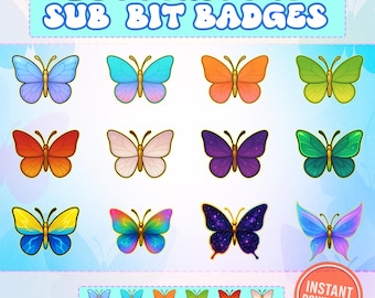Butterfly Twitch Sub Badges – 12 Color Tier Bit Badges for Twitch & Discord – Cute Butterfly Stream Badges – Subscriber Loyalty Badge Pack