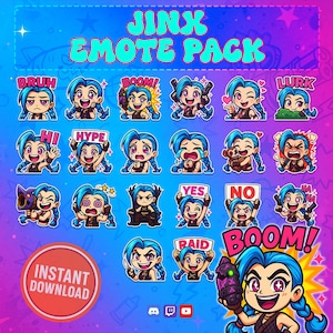 May include: A digital download graphic pack featuring various emotes of a character with blue hair and pigtails. The emotes display different expressions and actions, with text bubbles like "BRUH", "BOOM!", "HYPE", "YES", "NO", and "LURK". The pack includes an "INSTANT DOWNLOAD" badge.