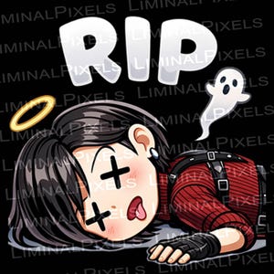 May include: Cartoon illustration on a black background. The image features a character with black hair, crossed-out eyes, and a protruding tongue. A white ghost floats nearby, and the word "RIP" is above the character. A gold halo is above the character's head.