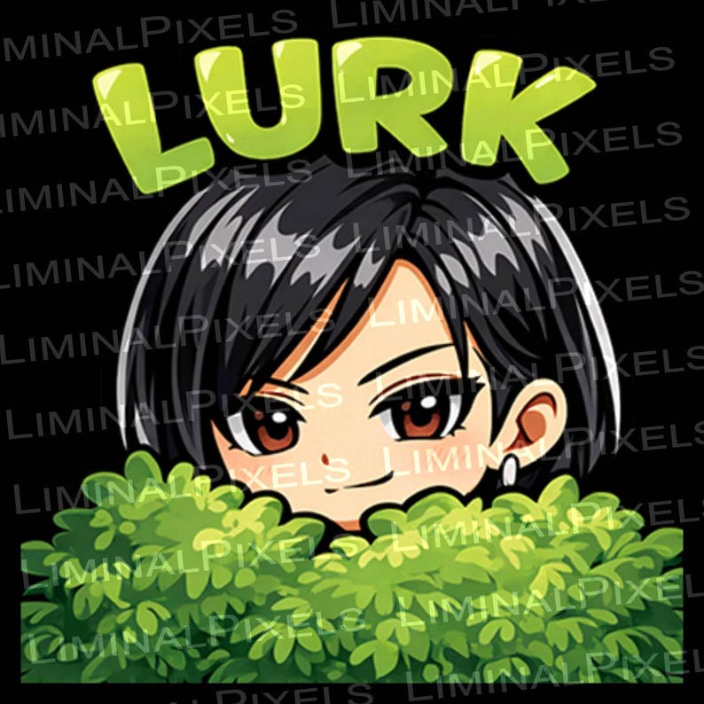 May include: An anime-style illustration on a black background. The image features a character with black hair, brown eyes, and a green bush. The word "LURK" is written in large, green letters above the character.