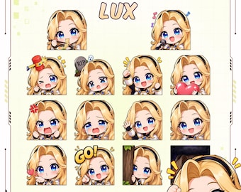 Lux Twitch Emotes x14 / LoL Gaming Chibi PNG Pack / Recursos para streaming / Descarga instantánea