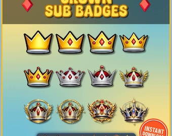 Twitch Crown Sub Badges Pack | Royal Loyalty Badges for Twitch | Streamer Subscriber Icons | 500px 72px 36px 18px | Gold Crown Twitch Badges