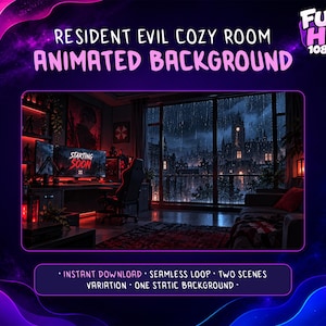 May include: An animated background featuring a dark room with a computer monitor displaying the text STARTING SOON, a gaming chair, and a large window overlooking a rainy city at night. The text RESIDENT EVIL COZY ROOM ANIMATED BACKGROUND is visible.