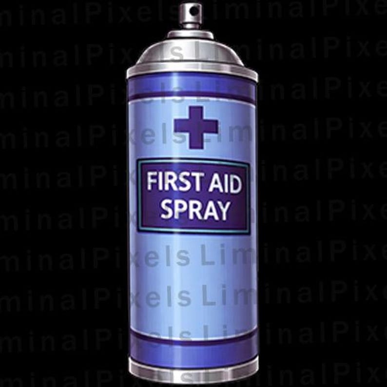 May include: A blue and silver first aid spray can with a purple cross and the words "FIRST AID SPRAY" in a white font. The can has a silver top and bottom.
