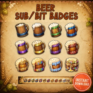 Può includere: Illustrazione digitale di badge di boccali di birra. I boccali sono in legno con fasce di diversi colori e pieni di birra schiumosa. Il testo "BEER SUB/BIT BADGES" è in alto, con un badge "INSTANT DOWNLOAD" in basso.